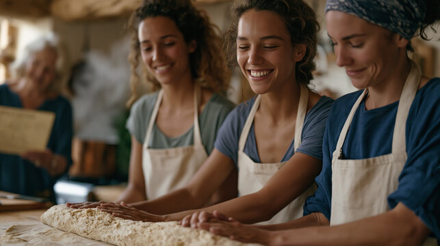 Two adult sisters working side by side in a domestic kitchen rolling dough together and laughing at a shared memory while a grandmother nearby reads aloud from a handwritten