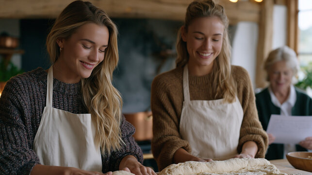 Two adult sisters working side by side in a domestic kitchen rolling dough together and laughing at a shared memory while a grandmother nearby reads aloud from a handwritten