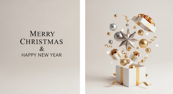 Merry christmas and happy new year card with exploding gift box