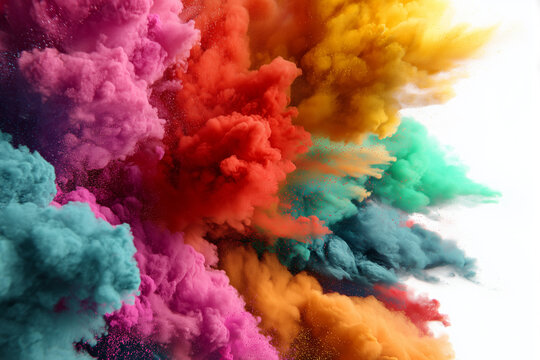 Colorful Holi powder cloud explosion with vibrant pigment textures on white background