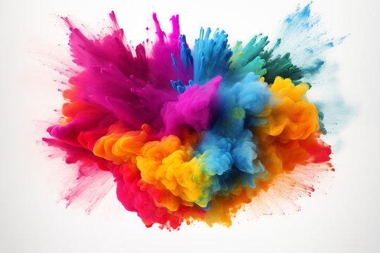 Colorful pigment cloud explosion with vivid powder textures on white background