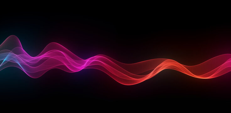 Flowing neon light ribbons forming a dynamic signal wave on black background