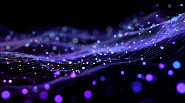 Glowing particle network flowing across a digital data wave landscape