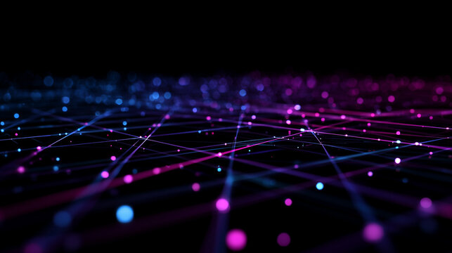 Neon data grid with glowing network connections across a digital landscape
