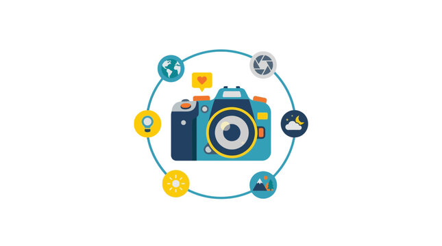 Creative Photography Concept with Digital Camera and Icons