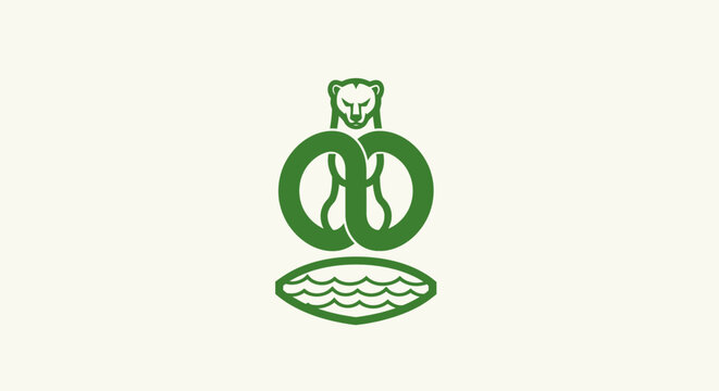 Green circular logo with bear and water waves design.