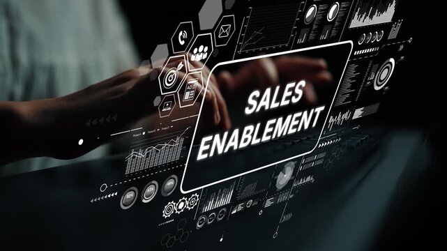 Hands typing on keyboard with futuristic graphics showcasing data analytics for sales enablement strategies. Asymptotic smart data analytic.