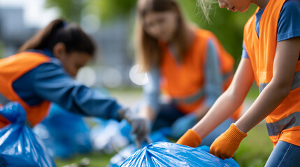 Fototapeta premium Faceless diverse children working together on an environmental cleanup project outdoors, collecting litter into bags, teamwork and excitement, defocused park or community space in