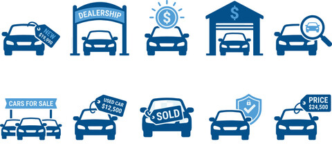 Car dealership icons and symbols set on transparent background with price tags.