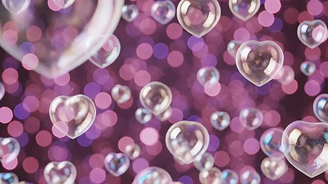 Glowing glass heart bubbles floating on pink bokeh background.