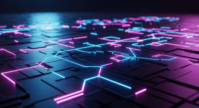 Illuminated electronic pathways crisscross a dark, textured surface with vibrant neon lighting.