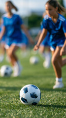 Fototapeta premium Faceless girls soccer team training together on a grass field, passing and dribbling drills in progress, defocused field and sky in background, youth female sports photography,