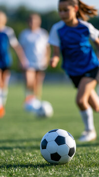 Faceless girls soccer team training together on a grass field, passing and dribbling drills in progress, defocused field and sky in background, youth female sports photography,