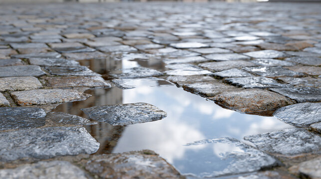 Wet cobblestone sett pavement with rain  4