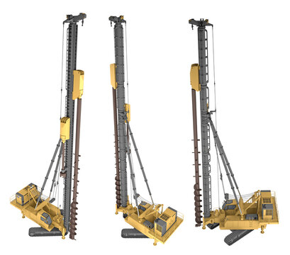 Heavy industrial crawler piling rig with a continuous flight auger drill for deep foundation engineering, shown from three distinct angles. 3d rendering.
