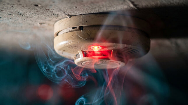 Ceiling‑mounted smoke alarm with red warning light triggered by rising smoke, emphasizing urgent fire safety, prevention, and protection in residential or commercial spaces.