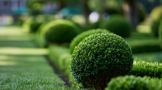 Meticulously designed garden bed featuring sculpted topiary shrubs and a lush green lawn, formal landscape architecture, defocused garden surroundings in background, formal garden