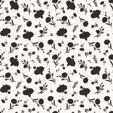 Seamless floral pattern with flowers and leaves silhouettes. Vector black and white floral print