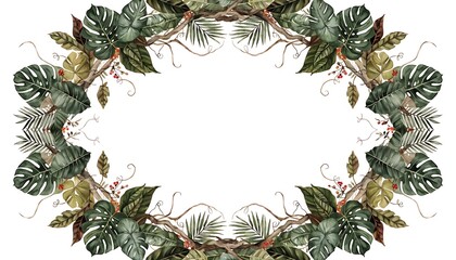 Fototapeta premium Watercolor hand painted frame With tropical green leaves With shadow. AI GENERATED.