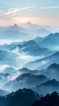 Misty blue mountain layers at dawn with sea of clouds, tranquil foggy landscape with copy space in the sky