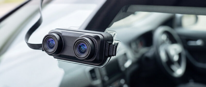 Dual dash camera mounted on windshield inside car recording driving for safety and surveillance