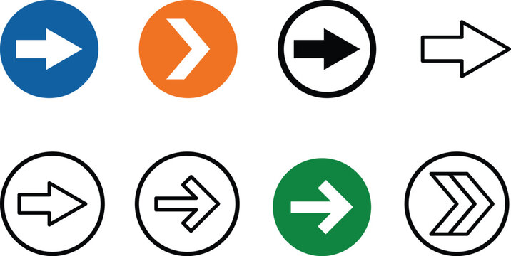 Set of colorful circular and outline arrow icons pointing to the right for web navigation and user interface design elements in a simple modern style Vector, illustration