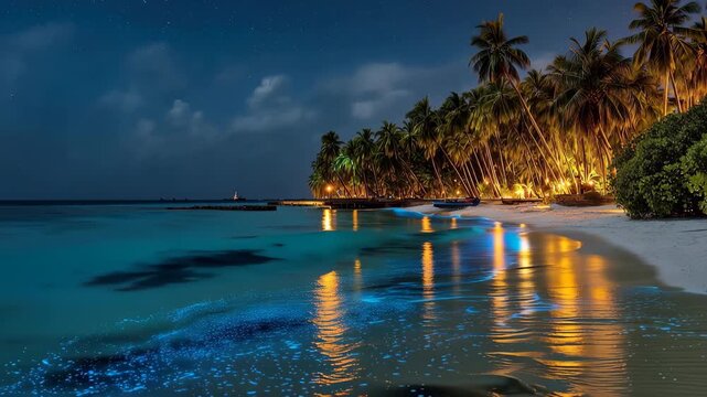 Beautiful night view of tropical beach with glowing waters and palm trees in Maldives during peaceful evening under the stars