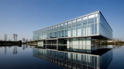 Fototapeta premium Modern glass building with reflection in water on a clear day outside