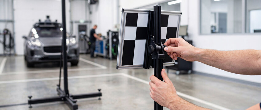 Technician adjusting ADAS calibration target for car sensor alignment in automotive service garage