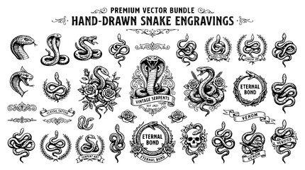 Fototapeta premium Vintage snake vector bundle with cobra viper and engraved tattoo elements