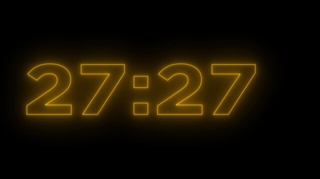 Glowing neon 30 minute Countdown timer .Neon blue glow timer counts down from thirty minutes on a black background.