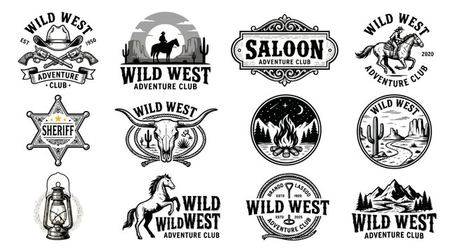 A collection of 12 Wild West logos and icons featuring horses, saloons, and cowboy hats in various illustration styles.