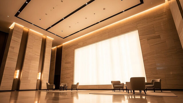 Modern Office Lobby with Elegant Seating and Large Illuminated Wall