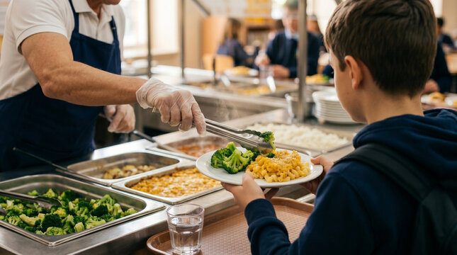 Professional food service worker helping student select healthy meal in school lunchroom with variety of fresh vegetables and mac and cheese on plate during busy cafeteria service.