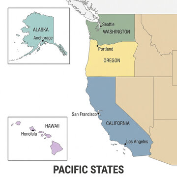 Pacific States United States Map &mdash; Color Minimal Vector Illustration with City Labels