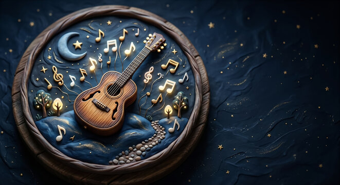Acoustic guitar and crescent moon with musical notes in a 3D clay style.