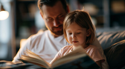 Obraz premium Faceless father reading a storybook to his daughter in a cozy bedroom, warm bonding moment, defocused bedroom interior in background, family bonding concept photography, language