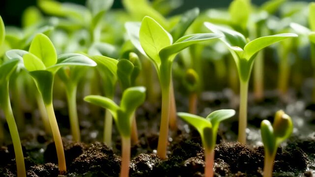 Closeup of young green seedlings growing in fertile soil, representing new life, growth, and sustainable agriculture in a garden setting