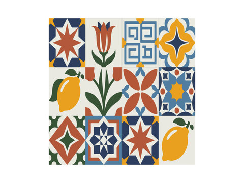 Collection of colorful Mediterranean tiles featuring floral and fruit motifs in a rustic geometric pattern perfect for kitchen backsplash or decorative background