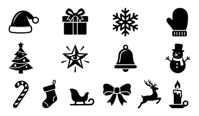 Winter holiday silhouette icon set Santa hat gift box snowflake and reindeer © MD