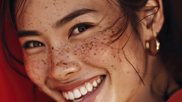 Beautiful asian woman with freckles smiles at the camera while wearing a bright shirt in a lively outdoor setting during sunny daytime hours
