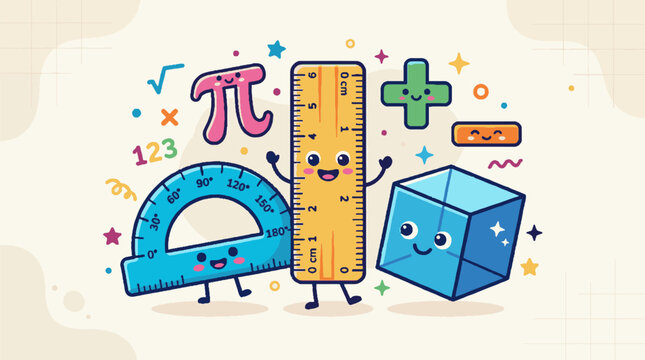 Cute Cartoon Math School Supplies Characters.