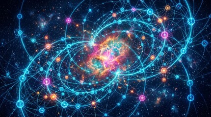 Fototapeta premium Quantum physics magnetic field lines over a glowing cosmic nebula background with digital data nodes