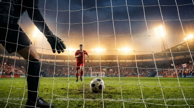 Goalkeeper Perspective During Penalty Kick in Stadium