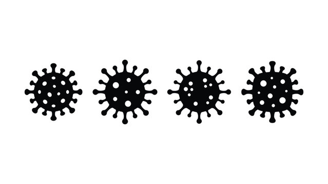 Four black virus icons in a row on white background representing disease and health concepts  medical symbols