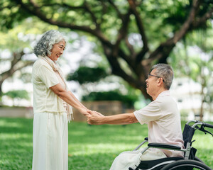 Fototapeta premium Happy senior couple mature adults sharing heartfelt moments supp