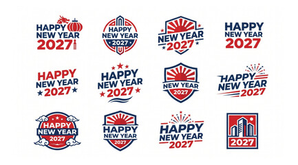 Set of happy new year 2027 celebration emblem badge and greeting card vector designs with celebration greeting typography fireworks calendar seasonal creative collection abstract © Shaon