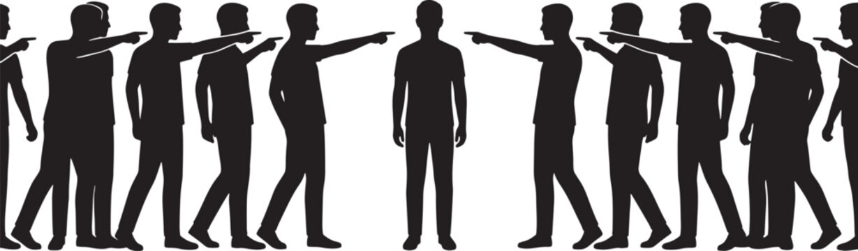 Group of people pointing fingers at a single person in the center representing social judgment and blame
