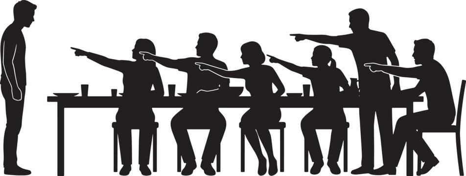 Group of people pointing fingers at a single man sitting at a table black silhouette vector illustration