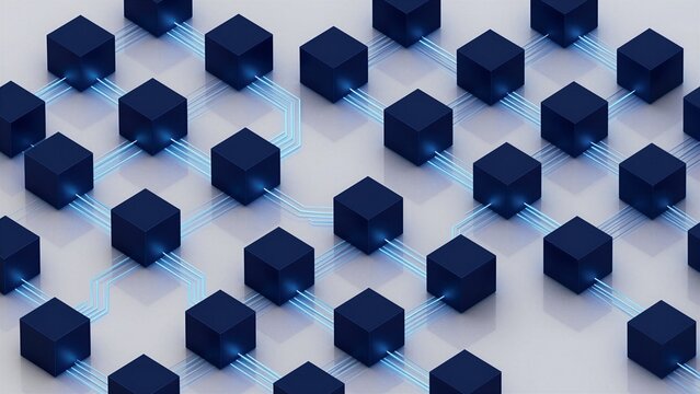 Abstract representation of blockchain technology with interconnected cubes and glowing blue data pathways.